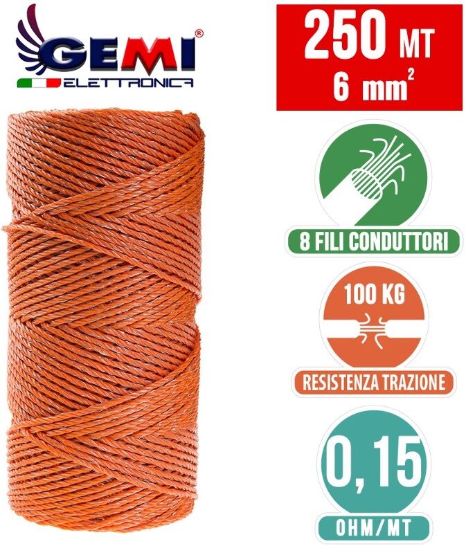 Gemi Elettronica Electric Fence Polywire 250 M 6 Mm² Extra Conductivity Strong Line For Electric Fence / Electric Fencing For Wild Boar Cattle Gemi