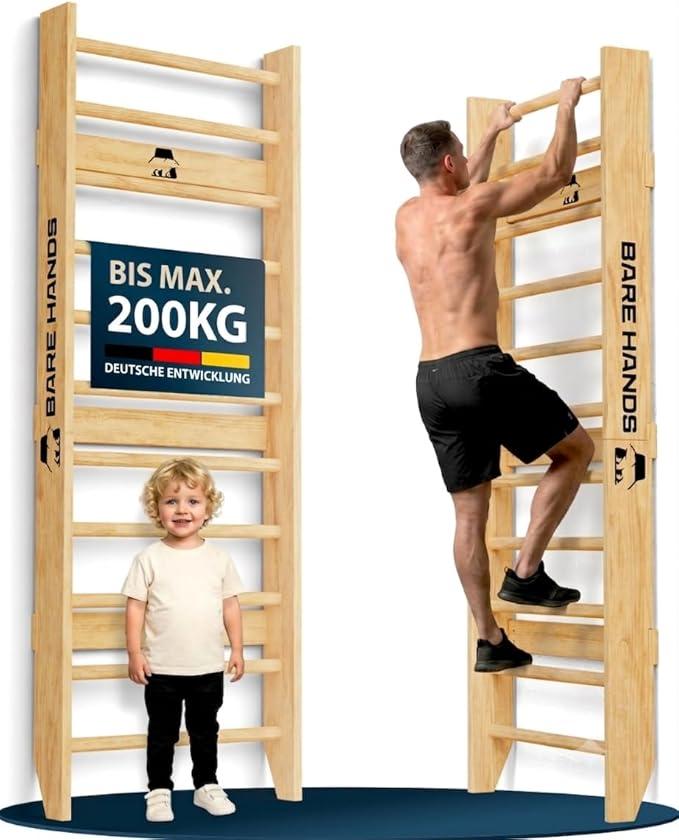 Sprossenwand für Erwachsene & Kinder bis 200 kg - Hochwertige Kletterwand für Zuhause & Kinderzimmer - Mit oder ohne Klimmzugstange und Dipstange erhältlich