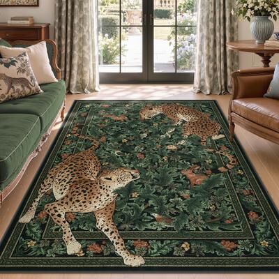 BLUEBELL Morris Jungle Leopard Print Area Rug   3-Way Stain Resistant   Non-Slip Backing + 4 Tapes   Machine Washable