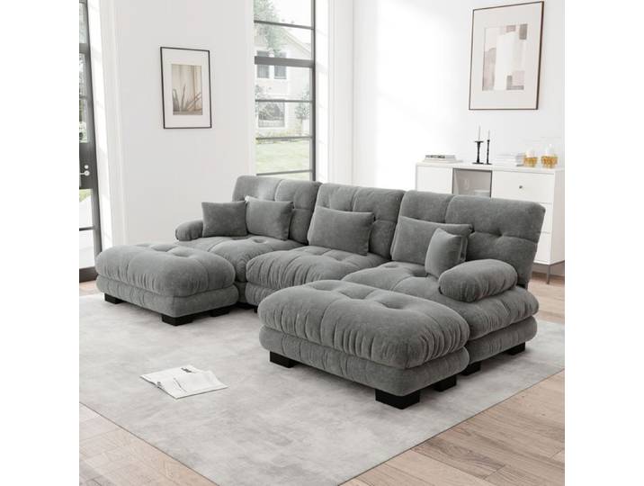 Canape D Angle Modulable En Chenille Grise Canape En U Design FloraGrace Pour Salon Ottomans Mobiles Inclus 313x145x81cm