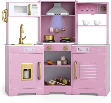 Costway Pretend Play Kitchen Wooden Toy Set with Range Hood Real Sounds and Lights-Pink