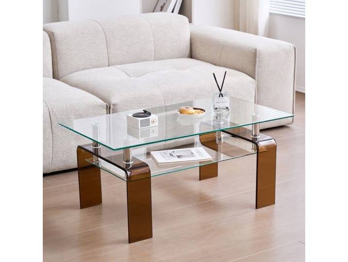 Table basse - MINIMAL - MINIMAL HOME - Verre trempé transparent - Pieds métal marron - 100×55×45 cm
