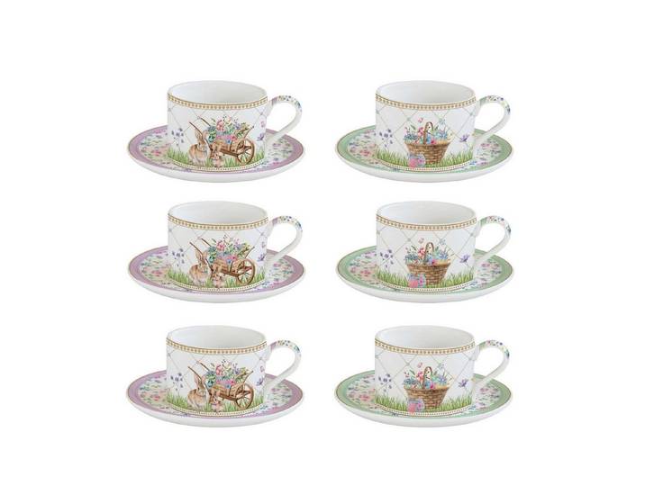 EasyLife Tasse Spring Bloom, Porzellan, Spülmaschinengeeignet, Mehrfarbig, Hasen & Blumenkörbe, H: cm
