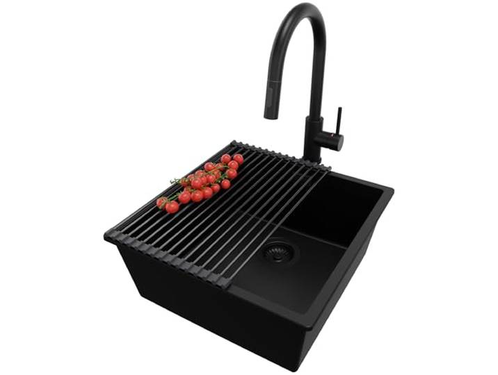 PRIMAGRAN Unterbauspüle ab 50er Unterschrank + Küchenarmatur, 46x47cm Set: Küchenarmatur BW9010 + Ablauf-Set + Abtropfmatte + Spülbecken 1 Becken - London, Alles Schwarz