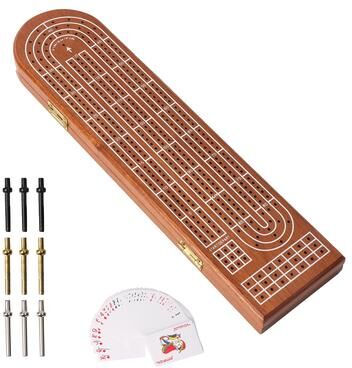 GSE Games & Sports Expert GSE™ 3-Track Wooden Cribbage Board Game with Playing Card Dcek, Metal Pegs and Storage Area