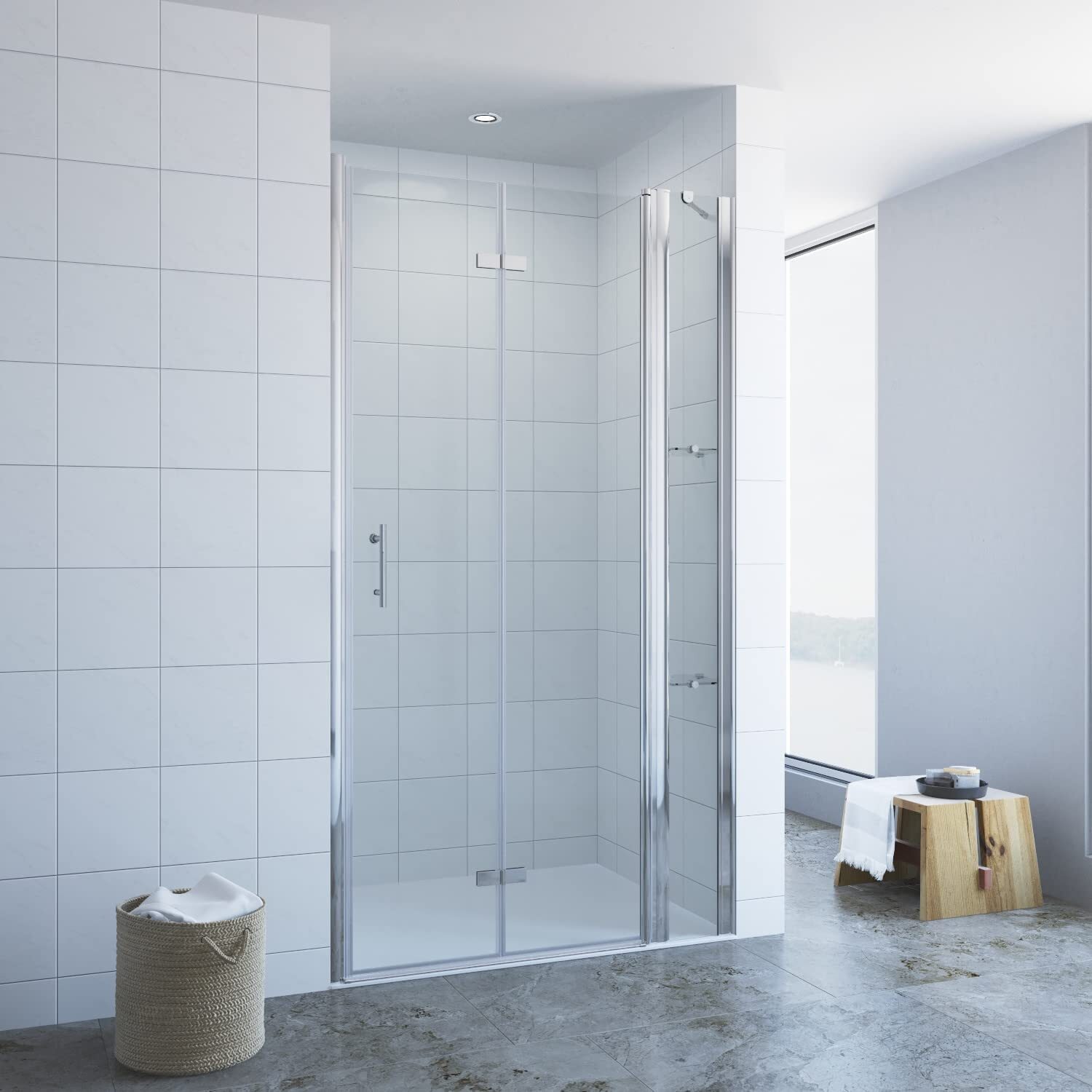 Nischentür Duschabtrennungen Duschwand Glas Falttür Glaswand Dusche Scharniertür 120x197 cm Klarglas mit Festteil Duschablagen Hebe-Senk Mechanismus Verstellbereich Montage links oder rechts möglich