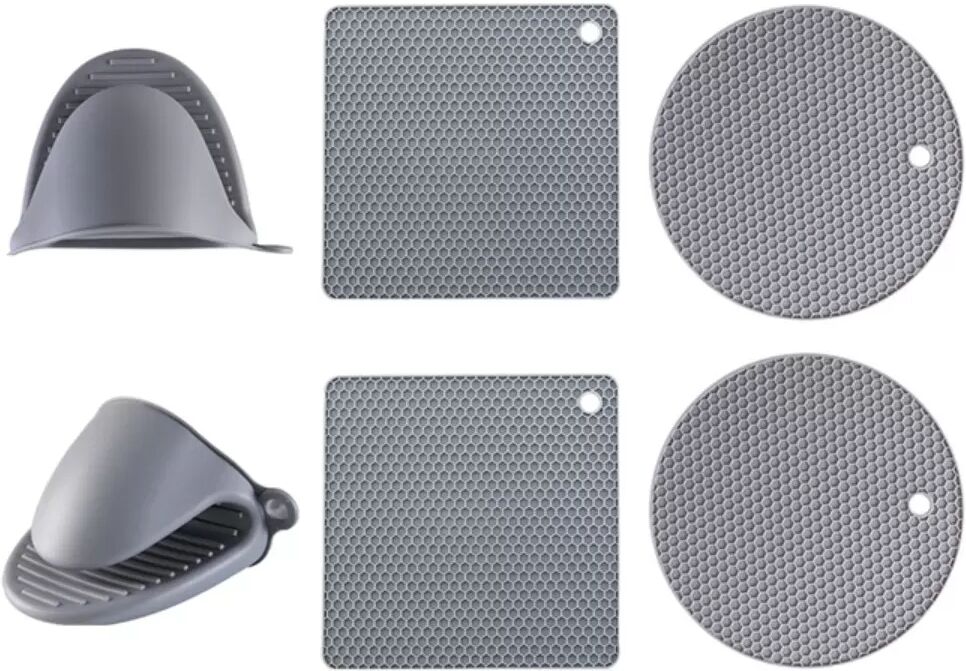 INF Silikon Topflappen und Ofenhandschuhe Set, 6-teilig: Quadratische und runde Wabenpads mit hitzebeständigen Handclips Grau