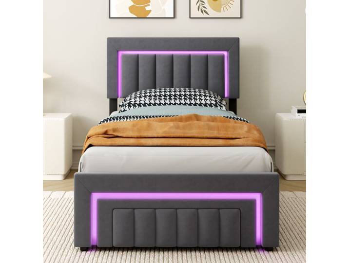 Lit coffre simple 90×190 cm avec coffre hydraulique tiroir et LED sans matelas cadre fer velours gris - UVRION