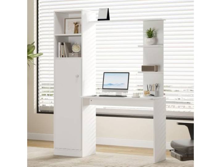 I0I&I0I Arbeitstisch Mit Stauraum Und Regal Moderner Schreibtisch Mit Schrank Und Offenem Fach Für Home Office Und Büro (White + MDF)
