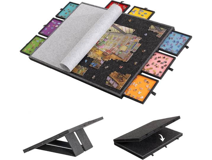Table de puzzle inclinable et pliable de 2000 pièces avec 8 tiroirs colorés et couvercle, table de puzzle portable avec rangement pour adultes
