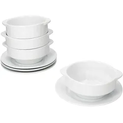 STABIL 4er Set Suppentasse 350ml mit Henkeln & Untertasse Porzellan weiß Bowl