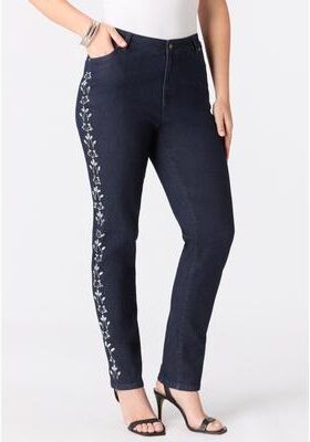 Plus Size Women's Plus Size Embellished Straight-Leg Jean by Roaman's in Indigo Embellished Vine (Size 12 W)
