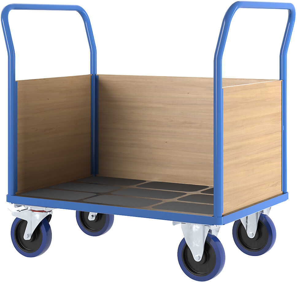 Plattformwagen mit Holzwänden, mit 3 hohen Wänden, LxB 1150 x 700 mm, Vollelastik eurokraft pro