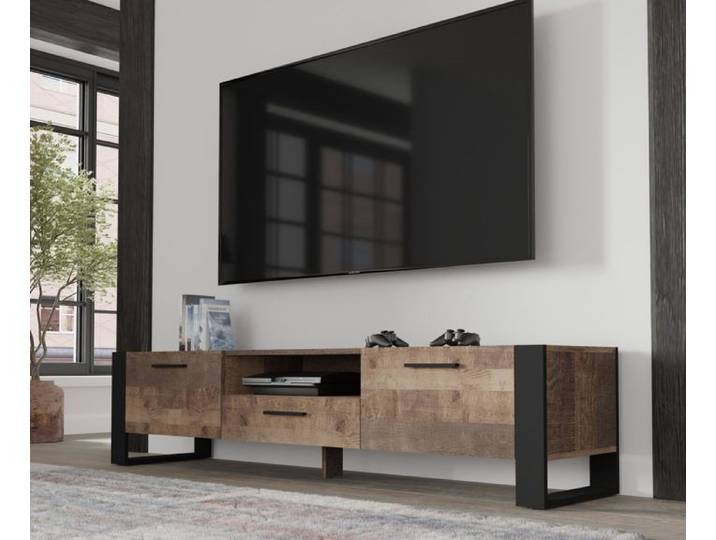 Meuble TV buffet NUKA 200 cm chêne grange sur pied