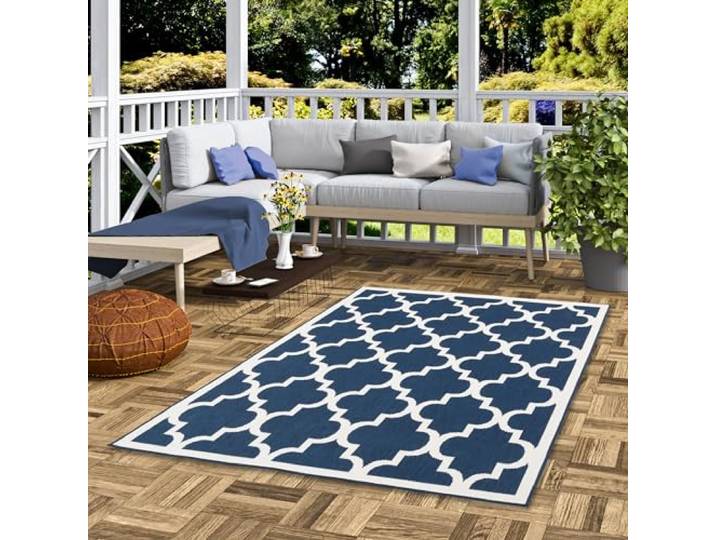Pergamon In- & Outdoorteppich Cape Cod Fliesenoptik Blau Creme, Beidseitig Verwendbar, Wasserdicht, UV-Resistent, Pflegeleicht, Modernes Design - Vielfältige Größen
