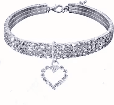 Inspire Picks Three Row Rhinestone Pet Collar Rhinestone Pet Collar For Cats & Dogs With Elegant Heart Charm Design love Collar White l