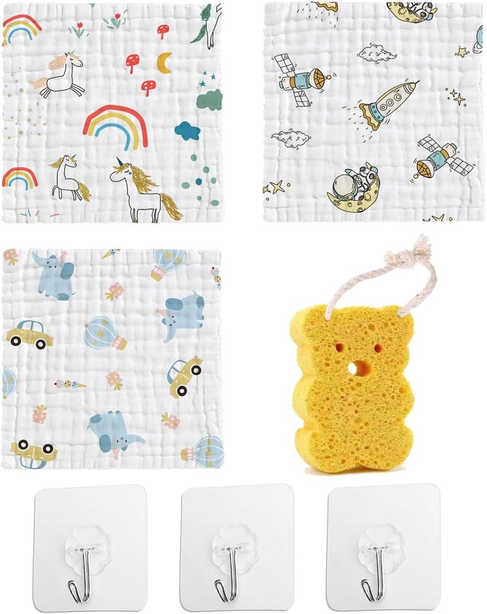 Set van 3 katoenen baby wasdoeken en aangezichtdoekjes inclusief badspons en ophanghaken