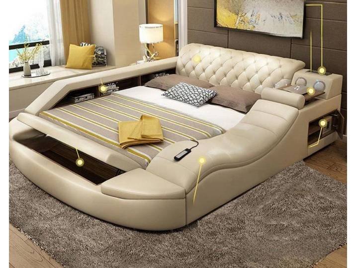 Xlmoebel Multimediabett Luxuriöses Lederbett mit Massagefunktion und Doppelablage (Multimediabett, 1-tlg., Multifunktions Bett), Hergestellt in Europa