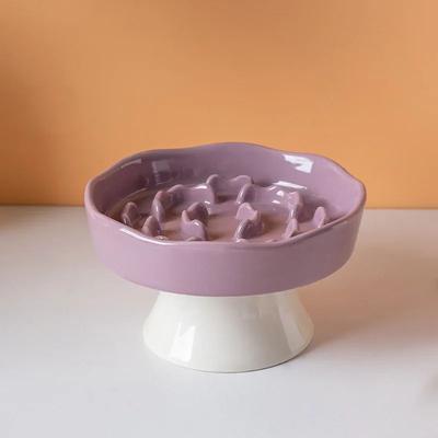 Inspired Living Elevated Ceramic Slow Feeder Cat Bowl With Neck Support & Anti Tip Design purple