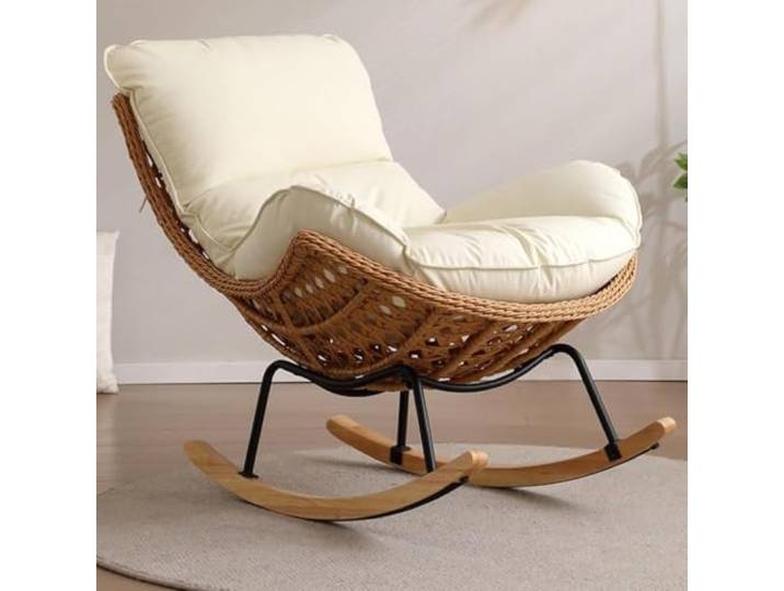 TINGMIAN Handgefertigter Rattan-Webstuhl, bequemer Lounge-Stuhl Bequemer Lounge-Stuhl, PU-Leder, gepolsterte Gleitstühle, für Erwachsene, ideales Wohnzimmer oder Schlafzimmer, Reisweiß