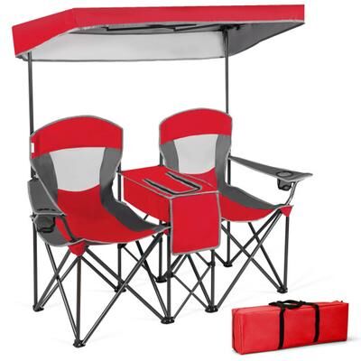 Costway Patented Portable Folding Camping Canopy Chairs with Cup Holder-Red