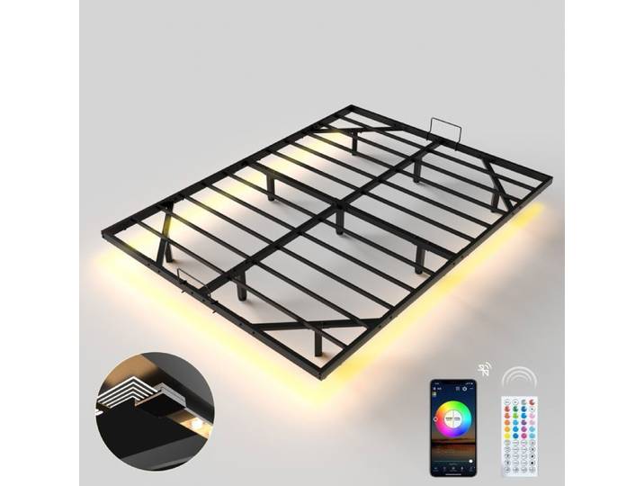 Cadre de Lit LED 140x190 cm Hauteur du Métal Lit 20cm Lit 2 Personne avec éclairage LED Cadre de lit flottant Cachées Jambes