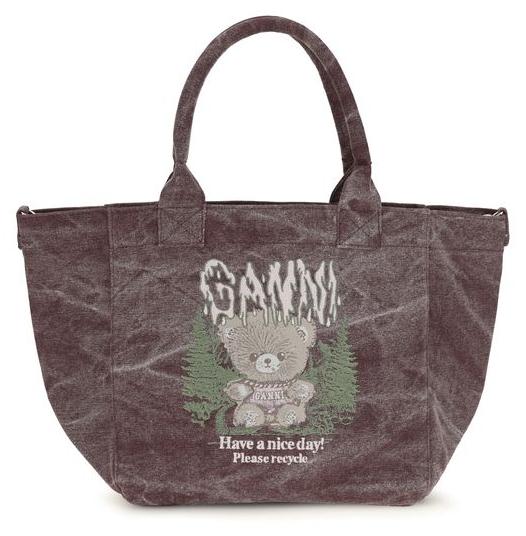 Ganni Small Teddy Tote Baumwolle bordeaux Logo und Bär