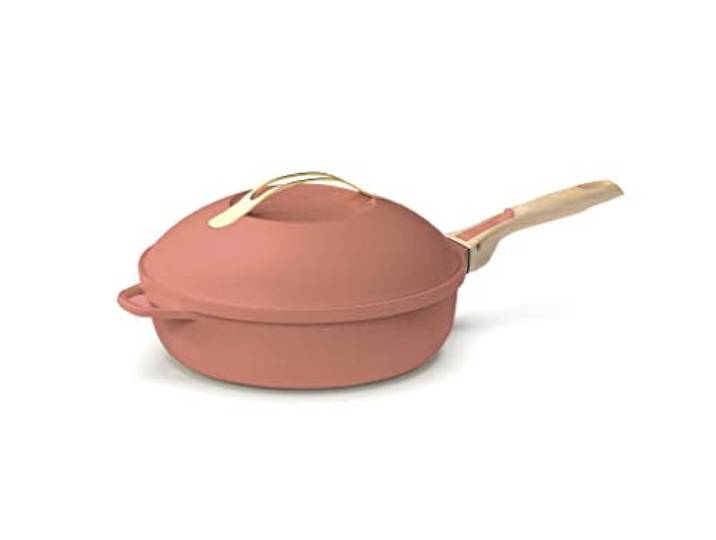 COOKUT - Die fabelhafte 8-in-1-Pfanne – ein einziges Utensil, das Pfanne, Topf, Schmortopf ersetzt – mit 2 abnehmbaren Griffen, Dampf-/Frittierkorb, Holzspatel – PIVOINE