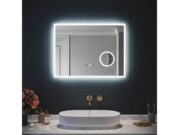 SIRHONA 3X loupe Miroir LED Salle de Bain avec éclairage, Miroir avec Horloge Numérique, Miroir Lumineux Salle de Bain Anti-Buée, 80/100x60cm, 80x60 cm