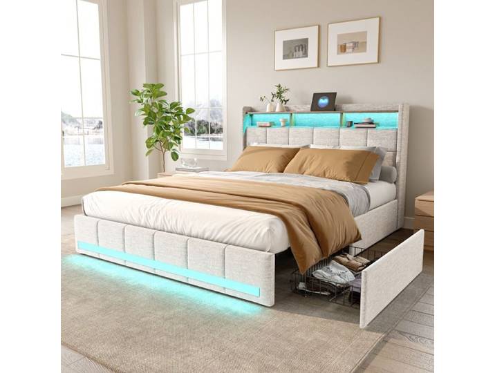 Lit coffre 140x190 Lit 140x190 CM avec 4 Tiroirs LED et USB litcoffre 140x190 coffre lit double 140x190 cm avec sommier Lin beige