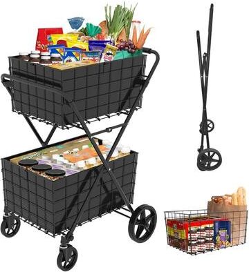 Heavy Duty Foldable Double Basket Shopping Cart with 360 Degree Swivel Wheels