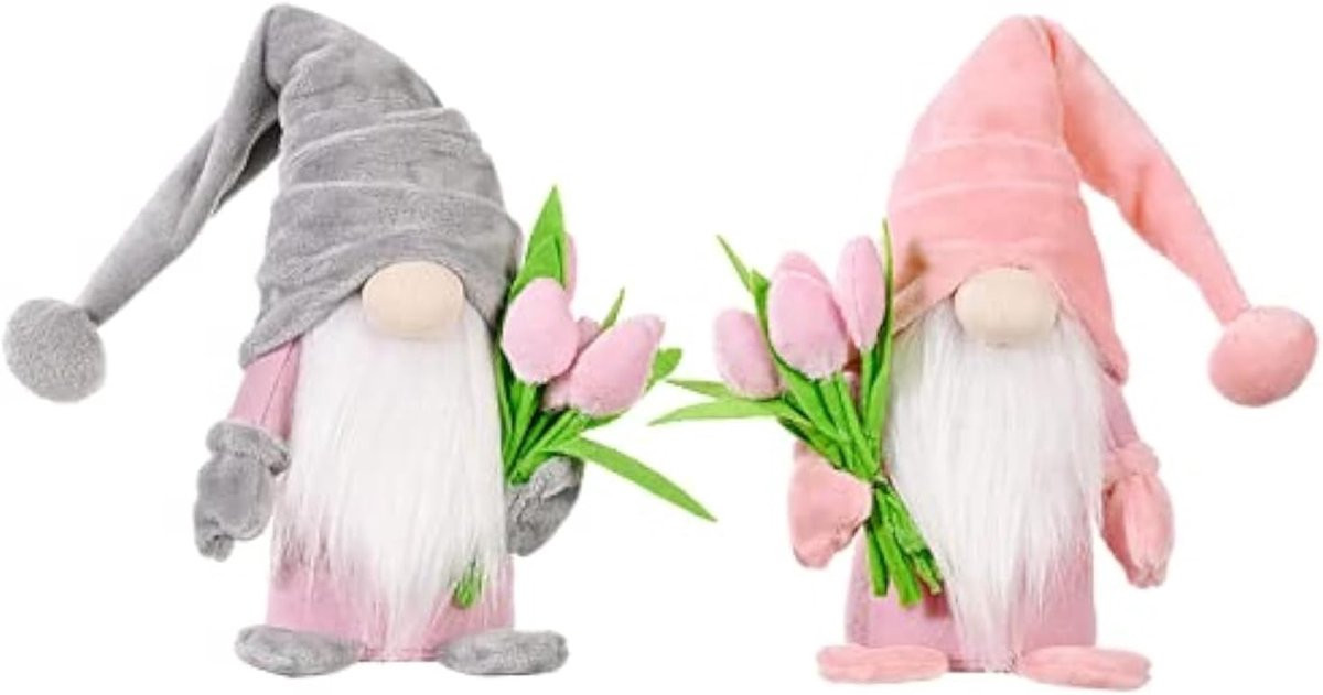 Schattige staande kabouters met tulpenboeketten in roze en grijs, Afmetingen: 37 x 8 x 6 cm