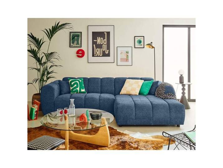 Curtis - canapé d'angle droit 4 places en tissu texturé - Bleu