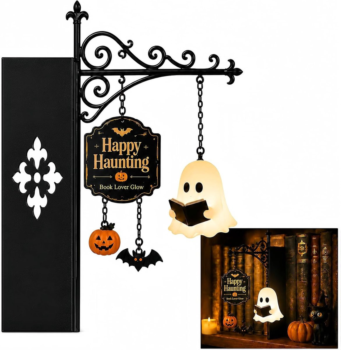 Boekensteun Bibliotheeklantaarn van Metaal met Lamp voor Halloween Decoratie