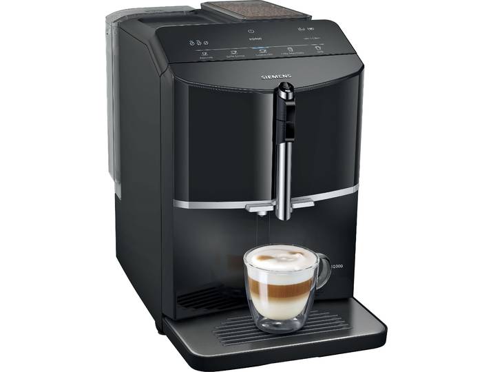 SIEMENS Kaffeevollautomat EQ300 TF301E19, viele Kaffeespezialitäten, OneTouch-Funktion , schwarz (piano schwarz), B:25,1cm H:38,3cm T:43,3cm, Kaffeevollautomaten, Milchaufschäumer, Keramikmahlwerk, klavierlack schwarz, Kaffeevollautomat