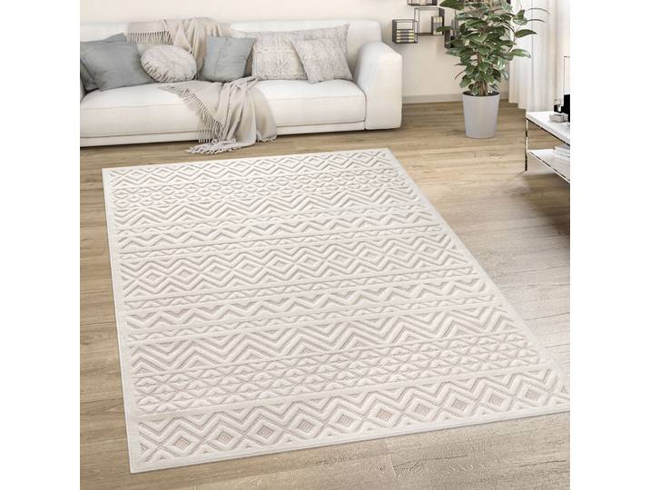 Paco Home Livorno 673 rechteckig 14 mm Höhe Uni-Farben, Scandi, Rauten Muster, Hoch-Tief Effekt, Outdoor geeignet