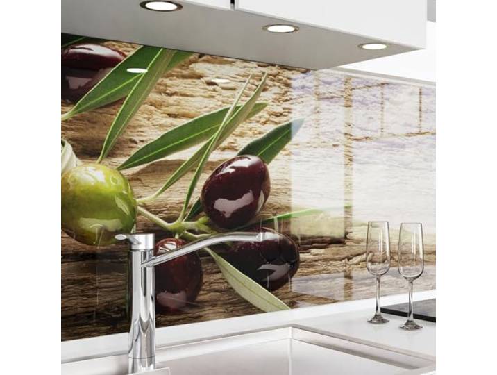 danario Küchenrückwand selbstklebend - Glasoptik - Spritzschutz Küche - versteifte PET Folie - 0,8 mm - Oliven - 60cm x 340cm