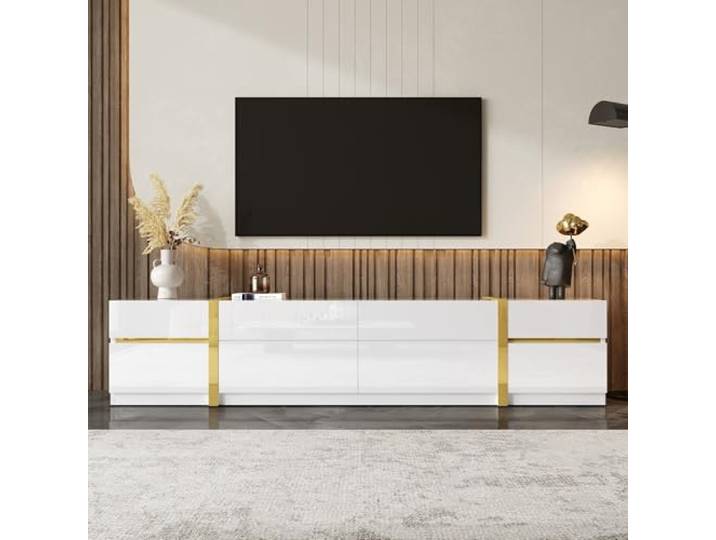 BTM Moderner TV-Schrank, TV-Ständer, TV-Paneel, niedrigerer TV-Ständer. Einzigartiges Design. 180 x 40 x 38cm (L x B x H), Weiß-Gold
