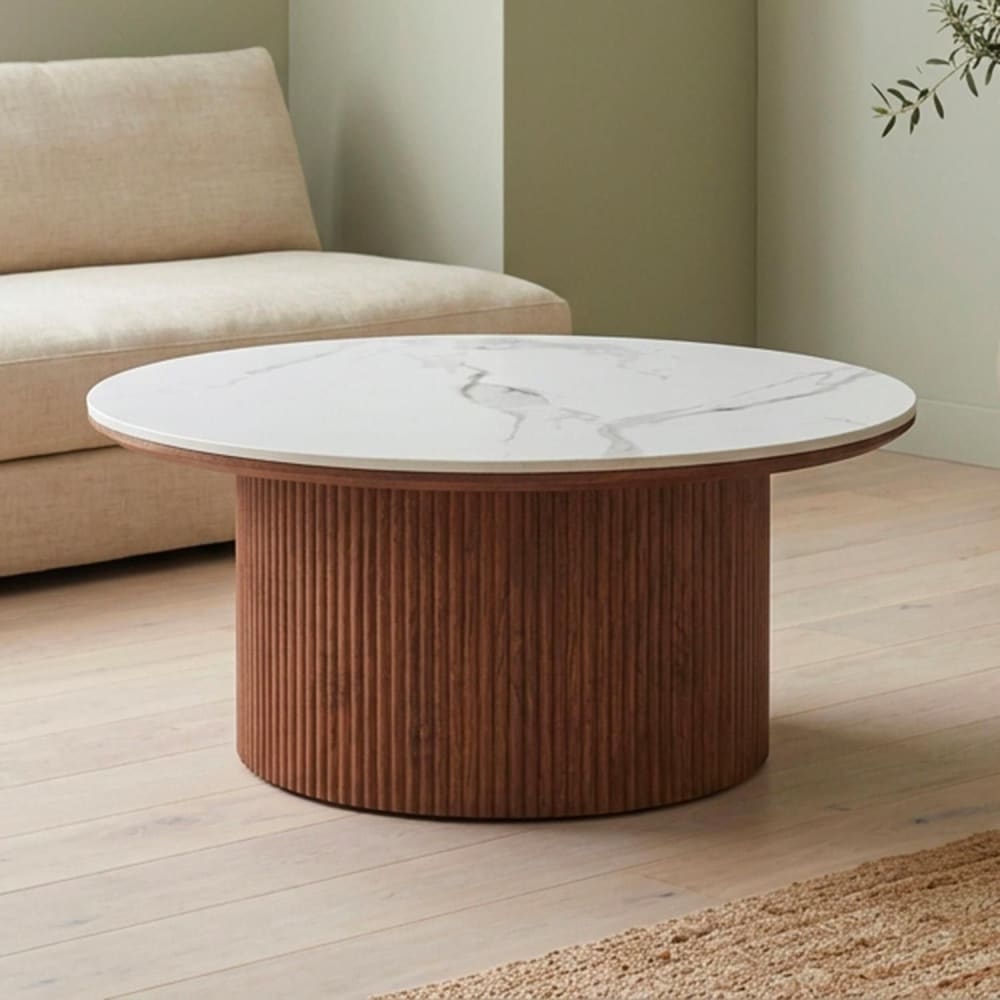 Menzzo Table basse moderne ronde 80cm bois et céramique effet marbre blanc Blanc 80x40x80cm
