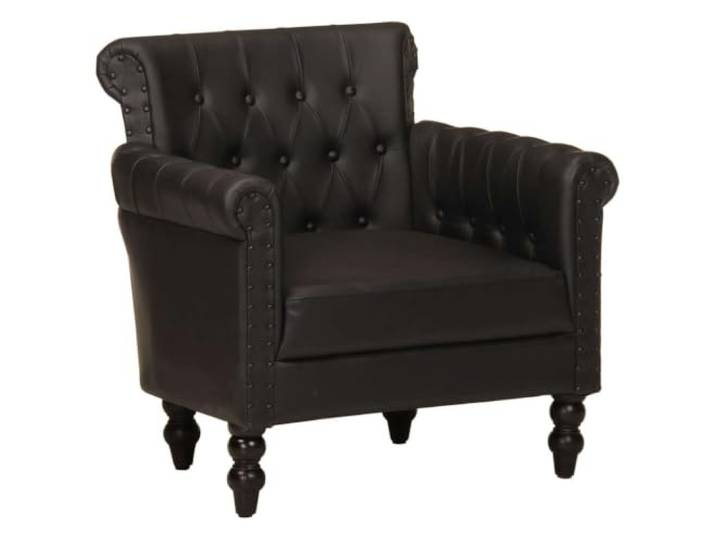 Sessel Schwarz mit Ziege Leder auf Beinen aus Massivholz Mango Akzent Vintage, stabile Konstruktion, Sitzkomfort, Mangoholz, Ziegenleder