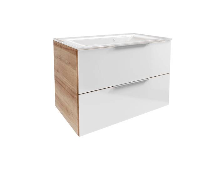 FACKELMANN B.BRILLANT Waschbecken mit Unterschrank 80 cm breit, Weiß Glas/Braun hell, Waschbecken Glas Weiß
