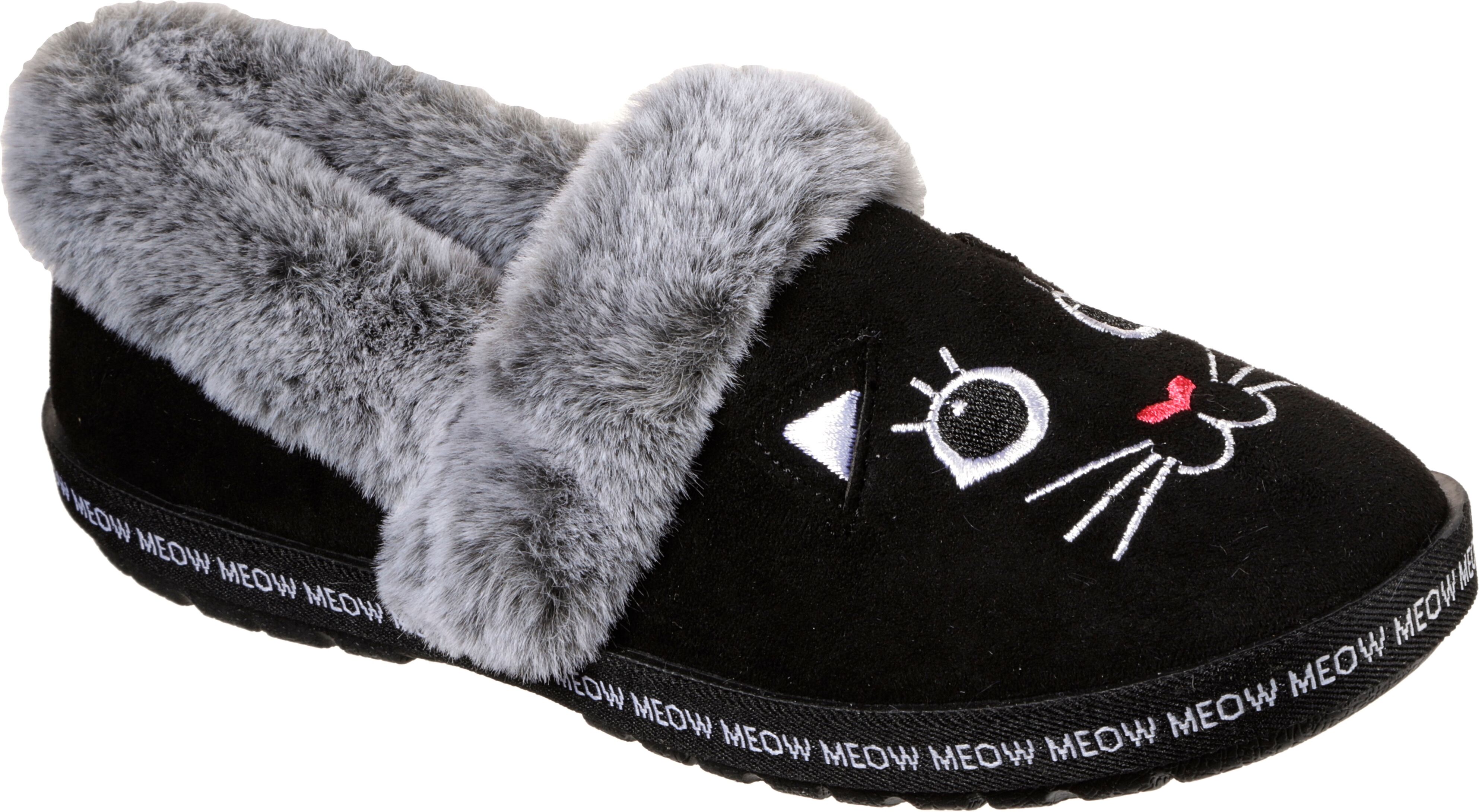 Pantoffel SKECHERS "TOO COZY MEOW PAJAMAS", Damen, Gr. 36, Warmfutter, schwarz, Synthetik, Velourslederimitat, Schuhe Pantoffel, Hausschuh mit gesticktem Katzengesicht schwarz 36, Warmfutter