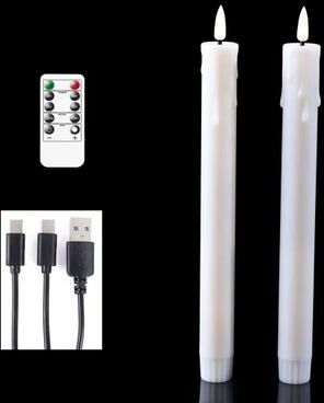 Inspired Living USB Rechargeable Flameless Taper Candles 10 Inch With Remote Control Warm White LED Set 2 Pcs White Candle