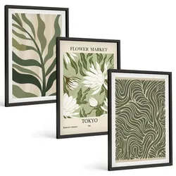 BILDER SET 3er Set - 40x60 cm Schwarzer Rahmen - Pflanzenmuster, Boho-Dekorationen