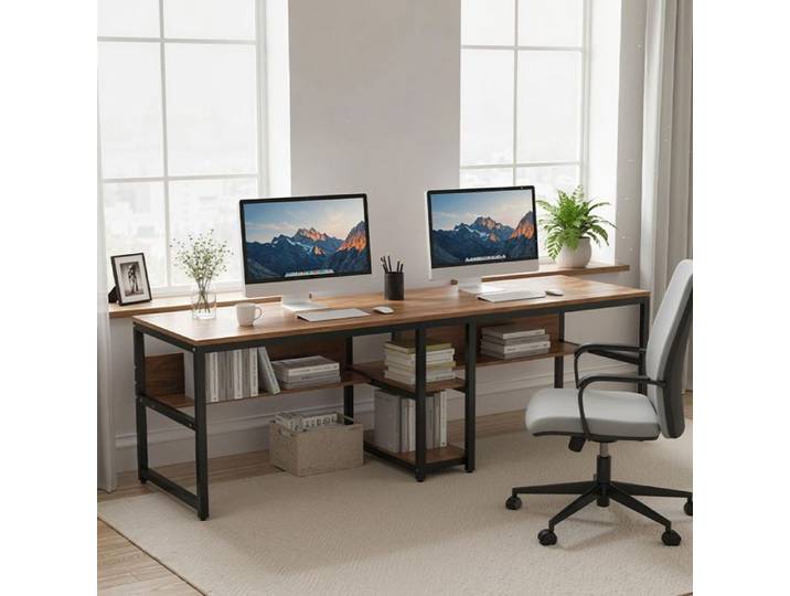 TOPESCT Bureau avec Rangement 200 cm Bureau d'Ordinateur Double pour Deux Personnes Bureau d'écriture Rustique Marron
