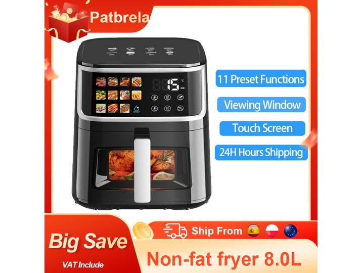 Friteuse sans huile Patbrela 8L, grande friteuse à air chaud avec écran LED, 11 fonctions prédéfinies, four de cuisson multifonction 1700W