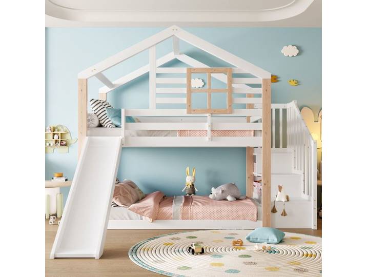 Lit superposé 90x200cm - lit cabane enfant - avec toboggan et escalier - en bois massif - Blanc