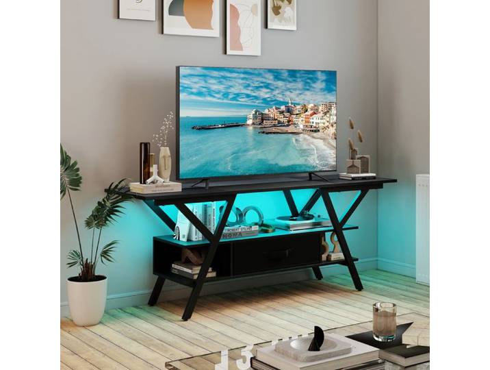 GIANTEX Meuble TV 140 cm- Lumières LED Réglables- Tiroir en Tissu Amovible- Station de Charge- pour TV Jusqu'à 65 Pouces- Noir