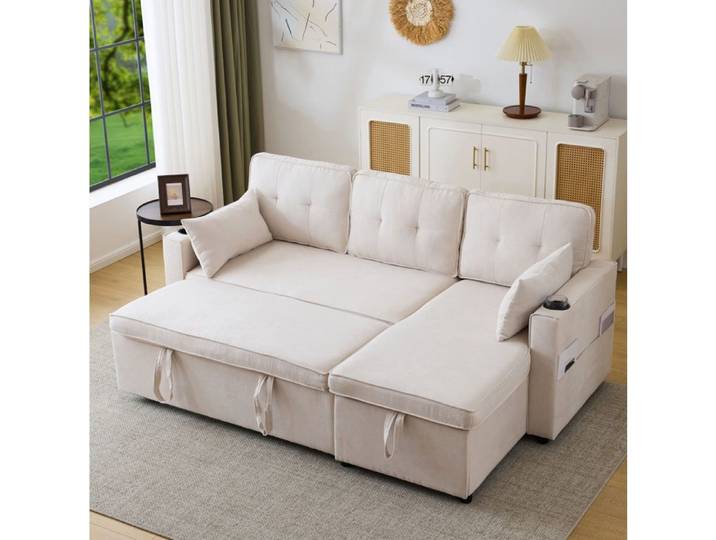 Wohnzimmer Schlafsofa mit L-form Stauraum und Getränkehalter modernes Polstermöbel links und rechts tauschbar