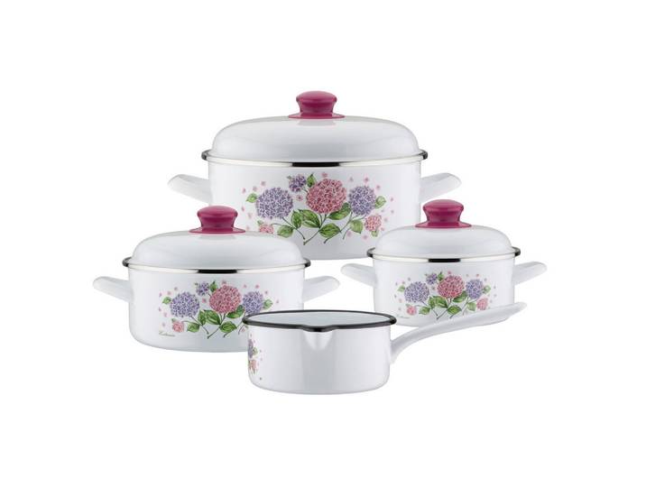 GSW Kochtopfset Hortensie, Weiß, Metall, 4-teilig, 16 cm, 1.4 l, ISO 9001, kratzfest, hitzebeständige Griffe, hitzebeständig, geschmacksneutral, optimale Wärmeverteilung, leichte Reinigung, Kochgeschirr, Töpfe, Topfsets
